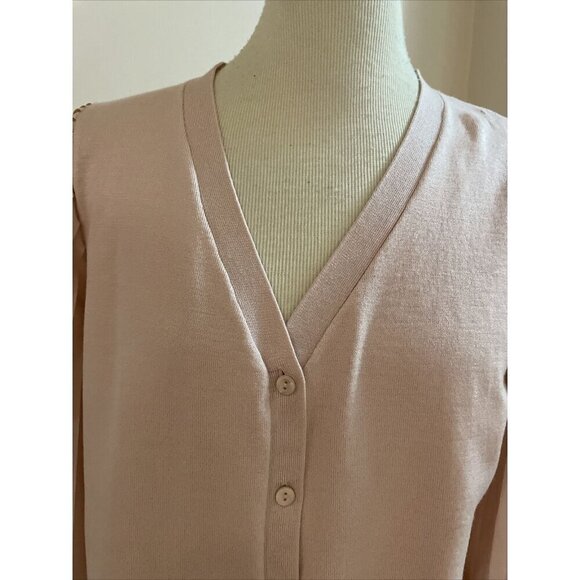 Adrianna Papell Cardigan Sweater Sheer Pleated Sleeves Pearl Blush Sz M Romantic - Picture 2 of 13